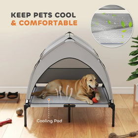 Elevated Dog Bed With Removable Canopy, Portable Inside/Outside Raised Pet Cot With Cooling Pad, & Storage Bag